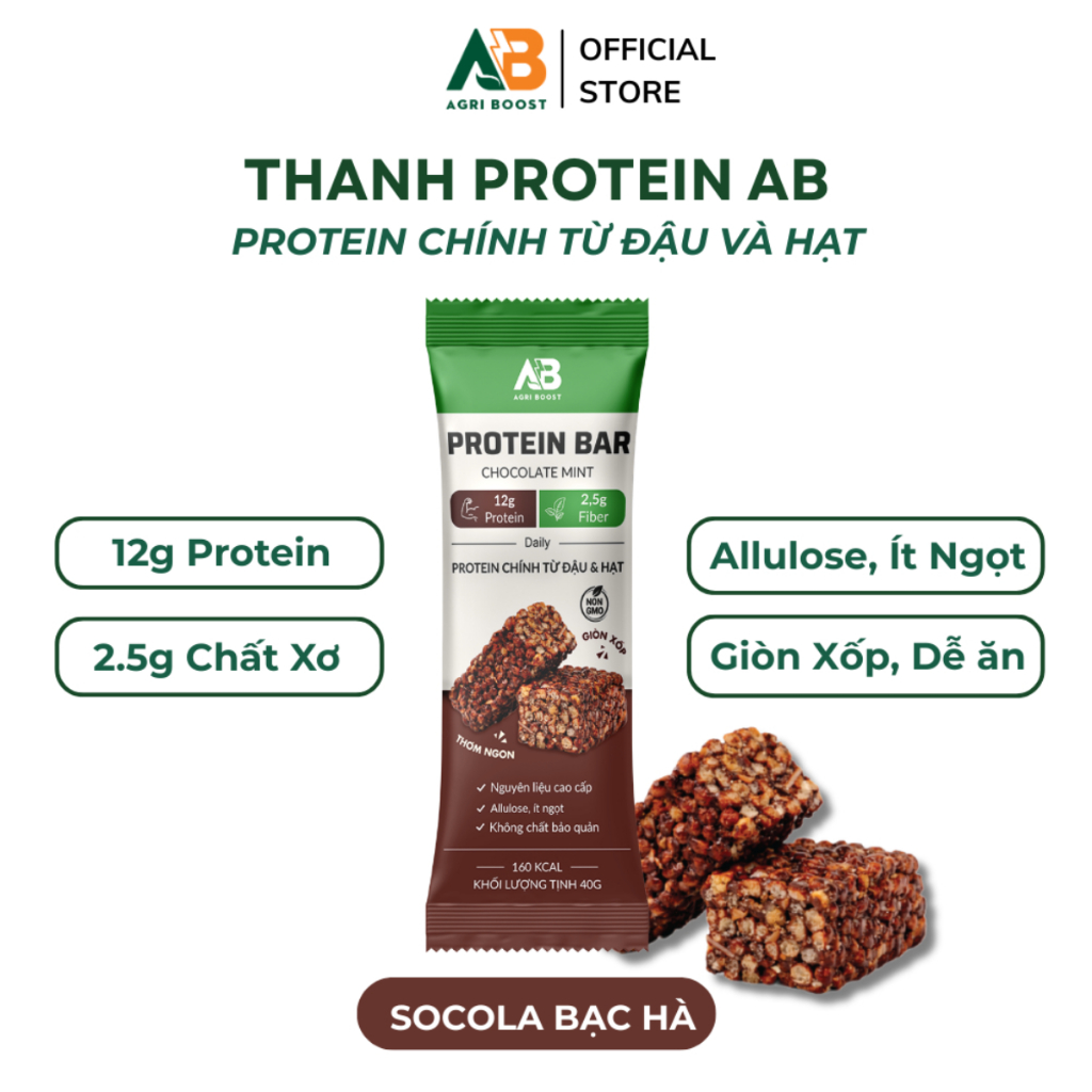 Thanh Protein Bar AB Nutrition (40g) - Bổ Sung 12g Đạm Đa Nguồn, Snack Ăn Kiêng Eat Clean Giòn Xốp