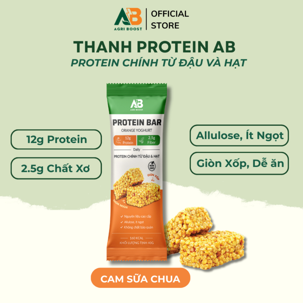 Thanh Protein Bar AB Nutrition (40g) - Bổ Sung 12g Đạm Đa Nguồn, Snack Ăn Kiêng Eat Clean Giòn Xốp