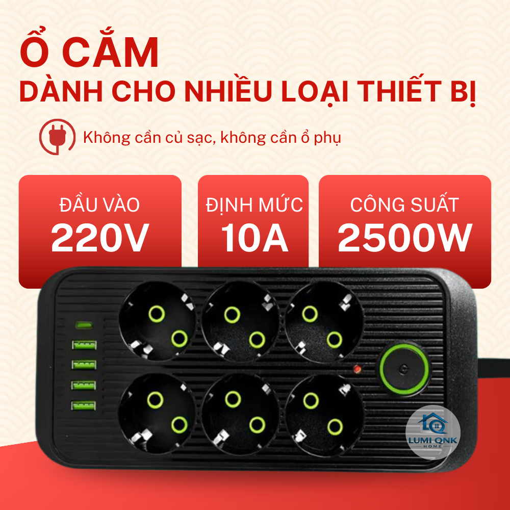 Ổ Cắm Điện Đa Năng LUMI QNK HOME Tích Hợp Cổng USB Và Type C Có Công Tắc Riêng An Toàn Chống Giật