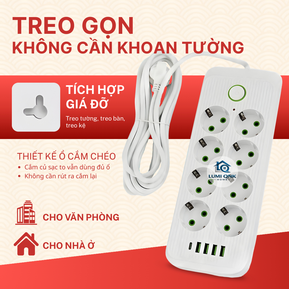 Ổ Cắm Điện Đa Năng LUMI QNK HOME Tích Hợp Cổng USB Và Type C Có Công Tắc Riêng An Toàn Chống Giật