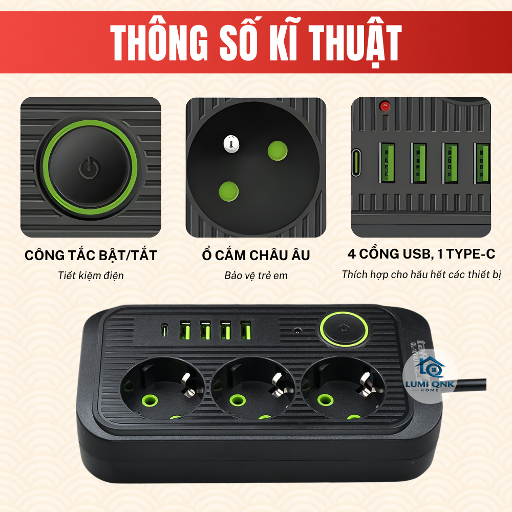 Ổ Cắm Điện Đa Năng LUMI QNK HOME Tích Hợp Cổng USB Và Type C Có Công Tắc Riêng An Toàn Chống Giật