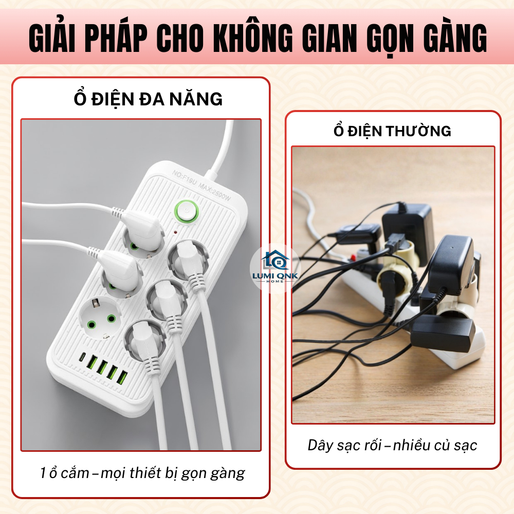 Ổ Cắm Điện Đa Năng LUMI QNK HOME Tích Hợp Cổng USB Và Type C Có Công Tắc Riêng An Toàn Chống Giật