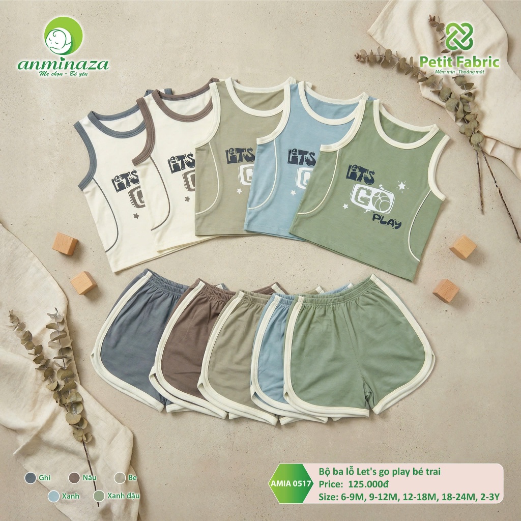 Bộ ba lỗ Let's go play bé trai Anminaza Vải Sợi Petit Thoáng Mát Thấm Hút - Hàng Chính Hãng AMIA0517