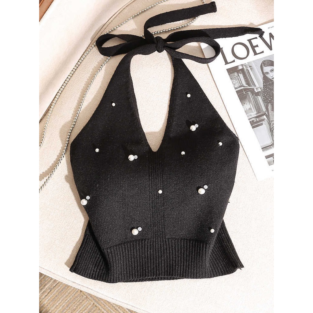 Áo yếm nữ đính hạt cổ treo hở lưng thiết kế buộc dây cá tính, áo hai dây ôm body sexy thuần ngọt mặc đi chơi party