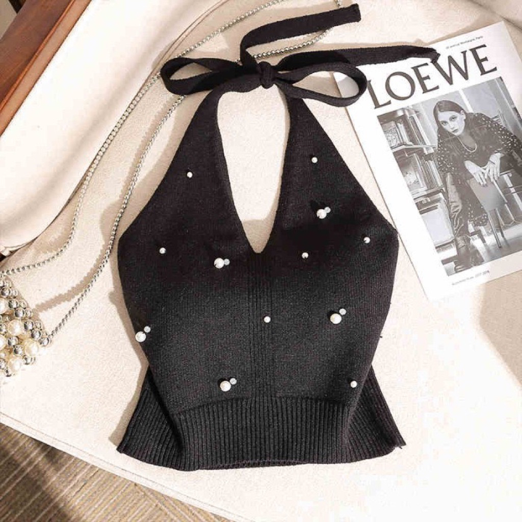 Áo yếm nữ đính hạt cổ treo hở lưng thiết kế buộc dây cá tính, áo hai dây ôm body sexy thuần ngọt mặc đi chơi party