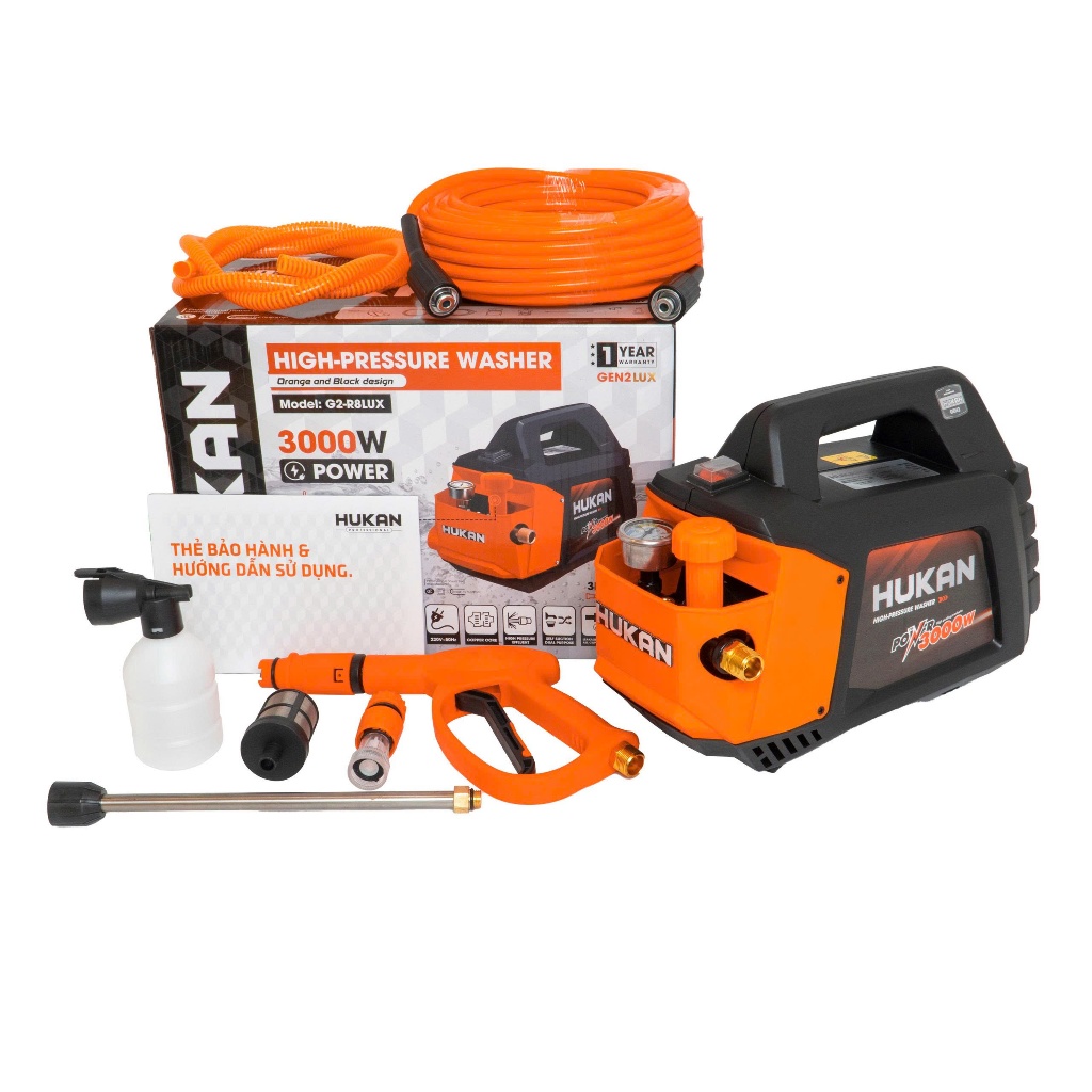 Máy Rửa Xe Điện HUKAN G2-R8LUX | Công Suất 3000W | 160Bar | Dây 20M | Full Phụ Kiện - Rửa Điều Hòa, Xe Máy – Ô Tô