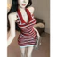 Váy yếm cổ treo kẻ sọc hở lưng dệt kim, váy ngắn ôm body thu eo hack dáng phong cách sexy mặc đi chơi mùa hè