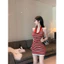Váy yếm cổ treo kẻ sọc hở lưng dệt kim, váy ngắn ôm body thu eo hack dáng phong cách sexy mặc đi chơi mùa hè