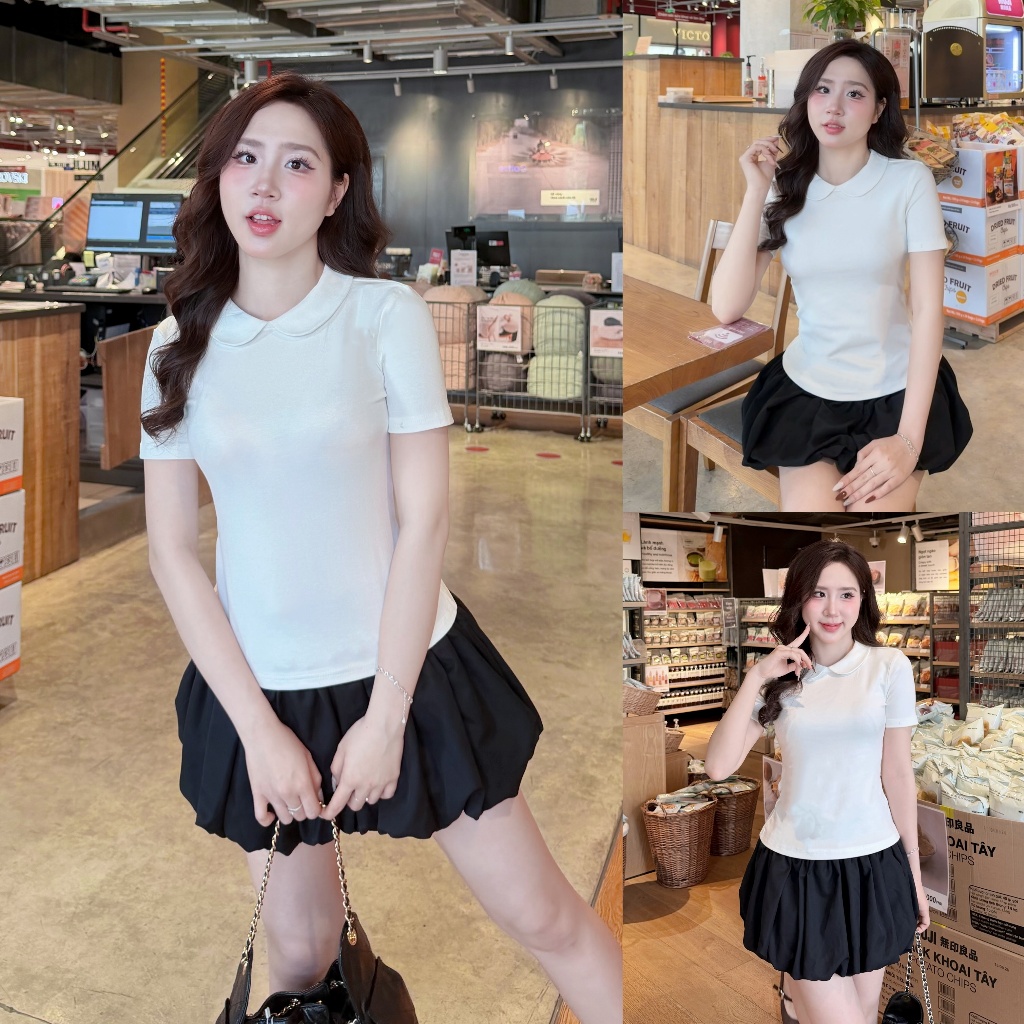 Áo thun nữ cổ sen tay ngắn LICHI HOUSE cotton lạnh co giãn 4 chiều ôm body áo kiểu tiểu thư xinh xắn A4