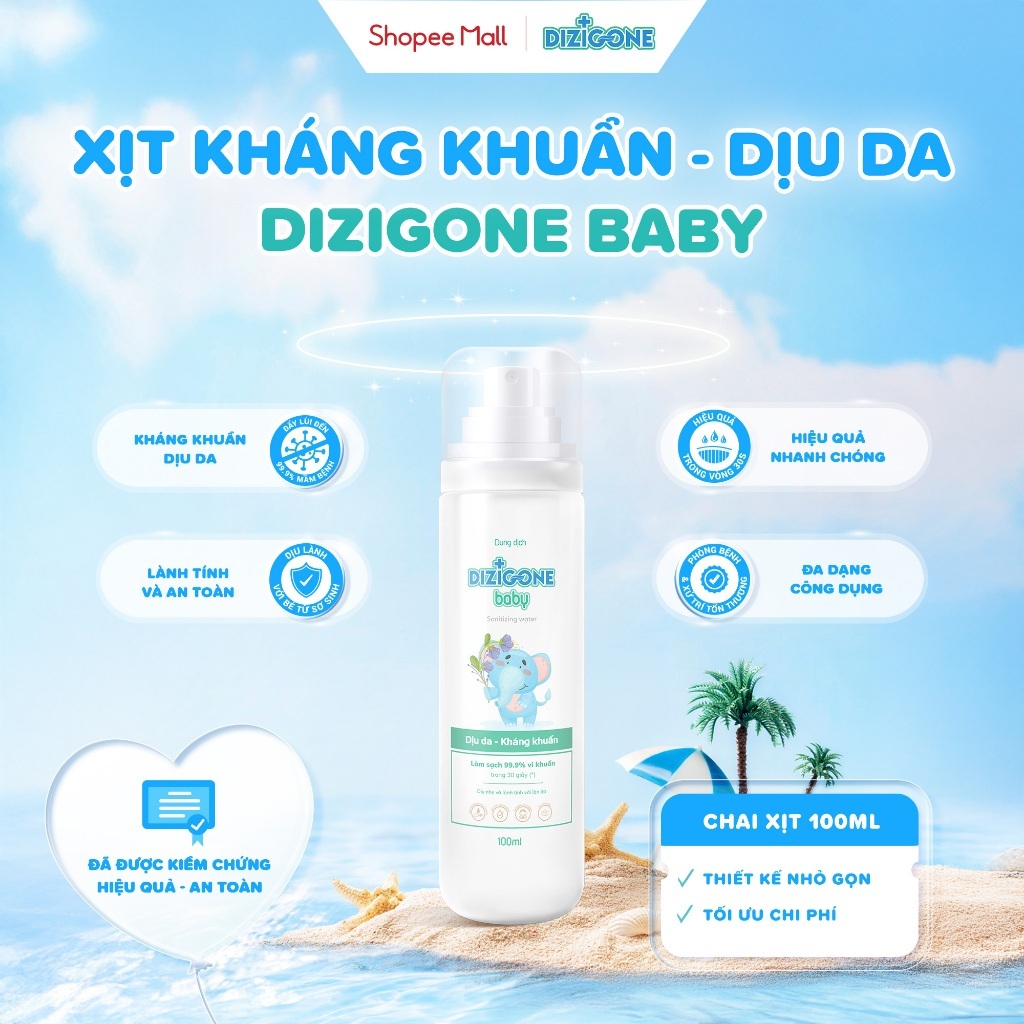 Xịt kháng khuẩn DIZIGONE Baby 100ml: Xịt tay chân, đồ gặm nướu, đồ chơi, đồ dùng, phòng bệnh cho bé