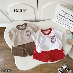 Bộ cotton co dãn 4 chiều mềm mịn cho bé trai, bộ thun cổ tròn thể thao in hình puppy