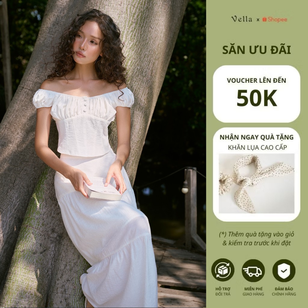 Set SELENA áo corset trễ vai phối chân váy xòe dáng dài, set bộ đi biển Vella VA25028 VV25029