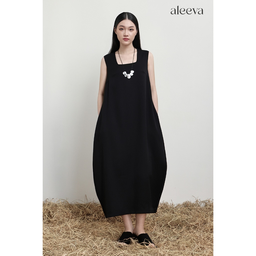 Đầm Dáng Suông ALEEVA - GUMAC Kiểu Phồng Chuông Cổ U Không Tay Chất Vân Chiếu Nhẹ Rũ 2 Lớp Có Túi EDG01061