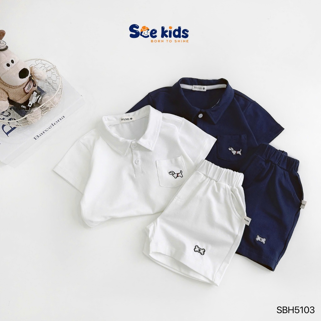 Bộ polo túi ngực thêu chú chó bé trai, bộ thun cổ đức mềm mát cho bé