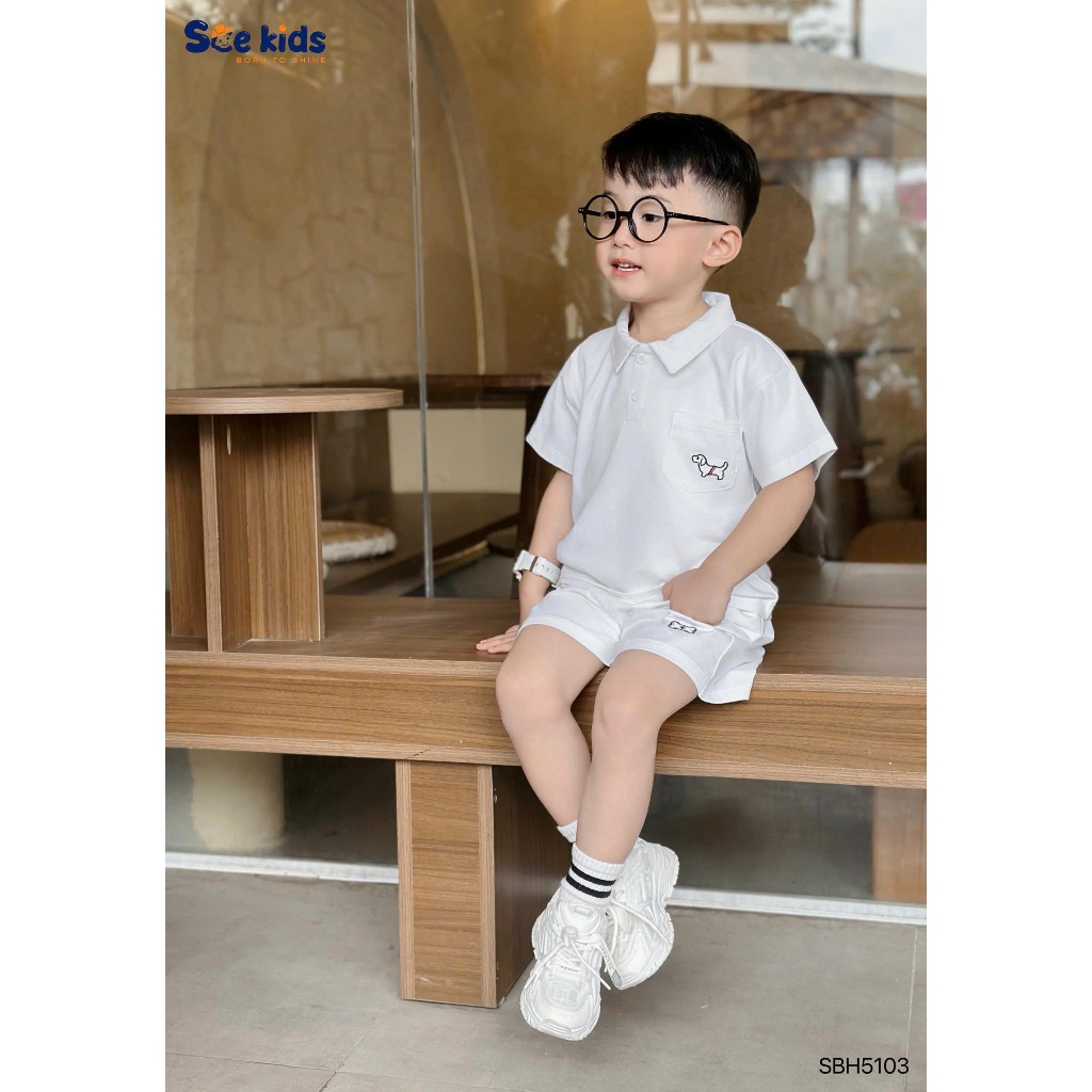 Set polo cộc tay thêu chú chó SCE chất liệu cotton 4c co giãn thấm hút mồ hôi cho bé 9-27kg