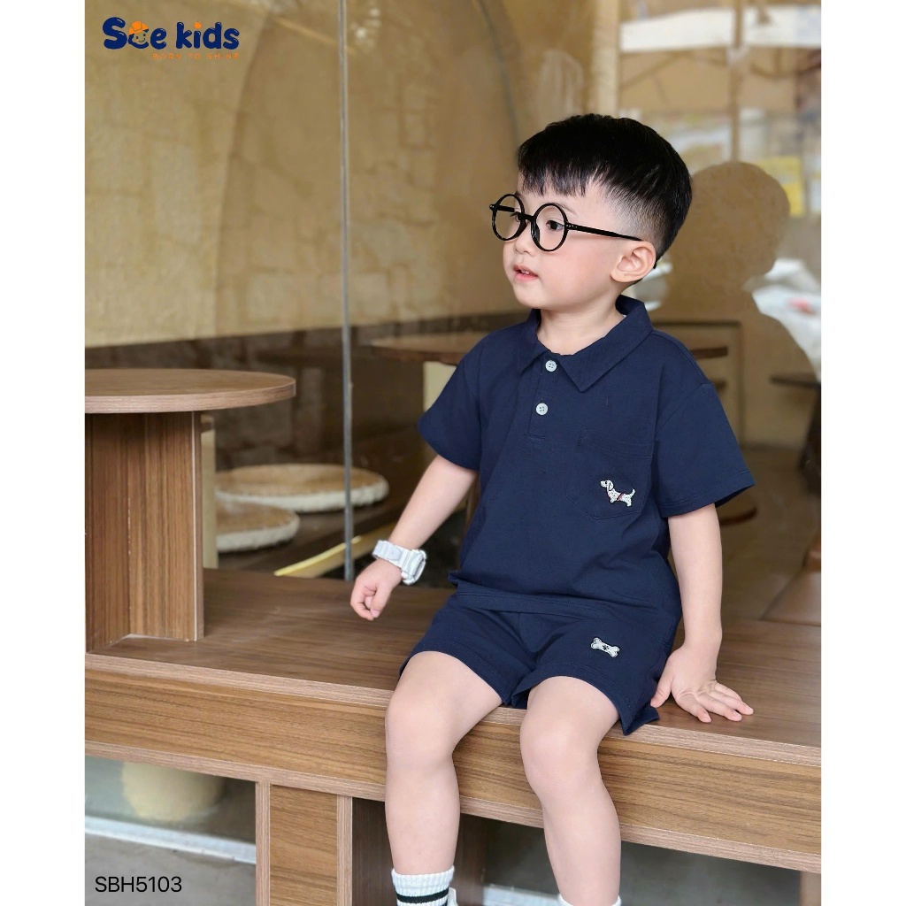 Set polo cộc tay thêu chú chó SCE chất liệu cotton 4c co giãn thấm hút mồ hôi cho bé 9-27kg