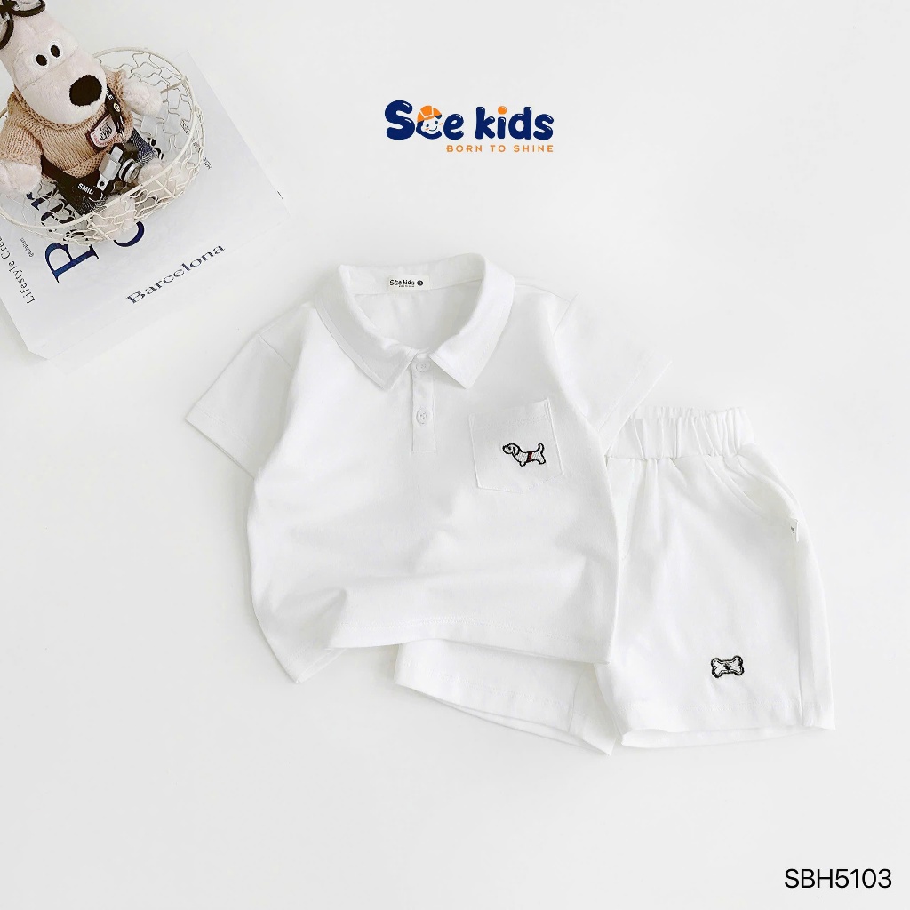 Bộ polo túi ngực thêu chú chó bé trai, bộ thun cổ đức mềm mát cho bé