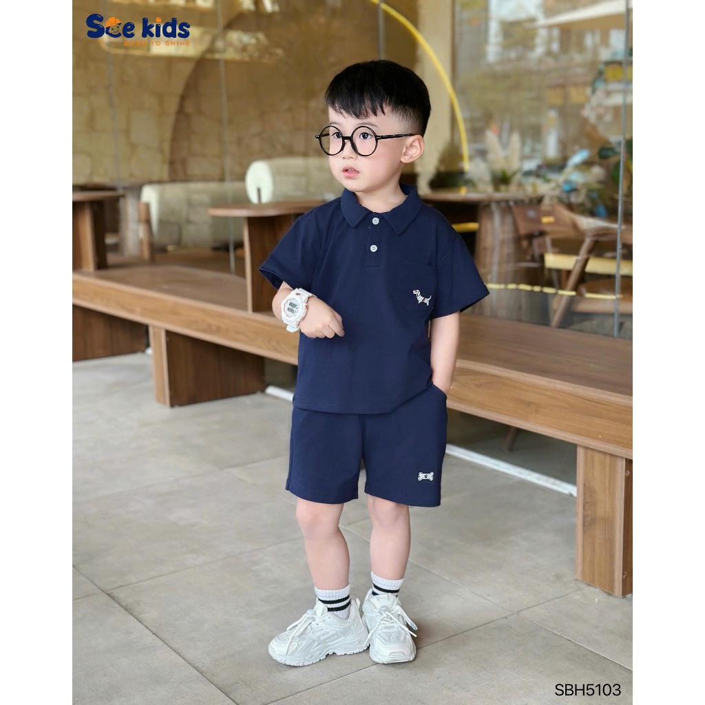 Set polo cộc tay thêu chú chó SCE chất liệu cotton 4c co giãn thấm hút mồ hôi cho bé 9-27kg
