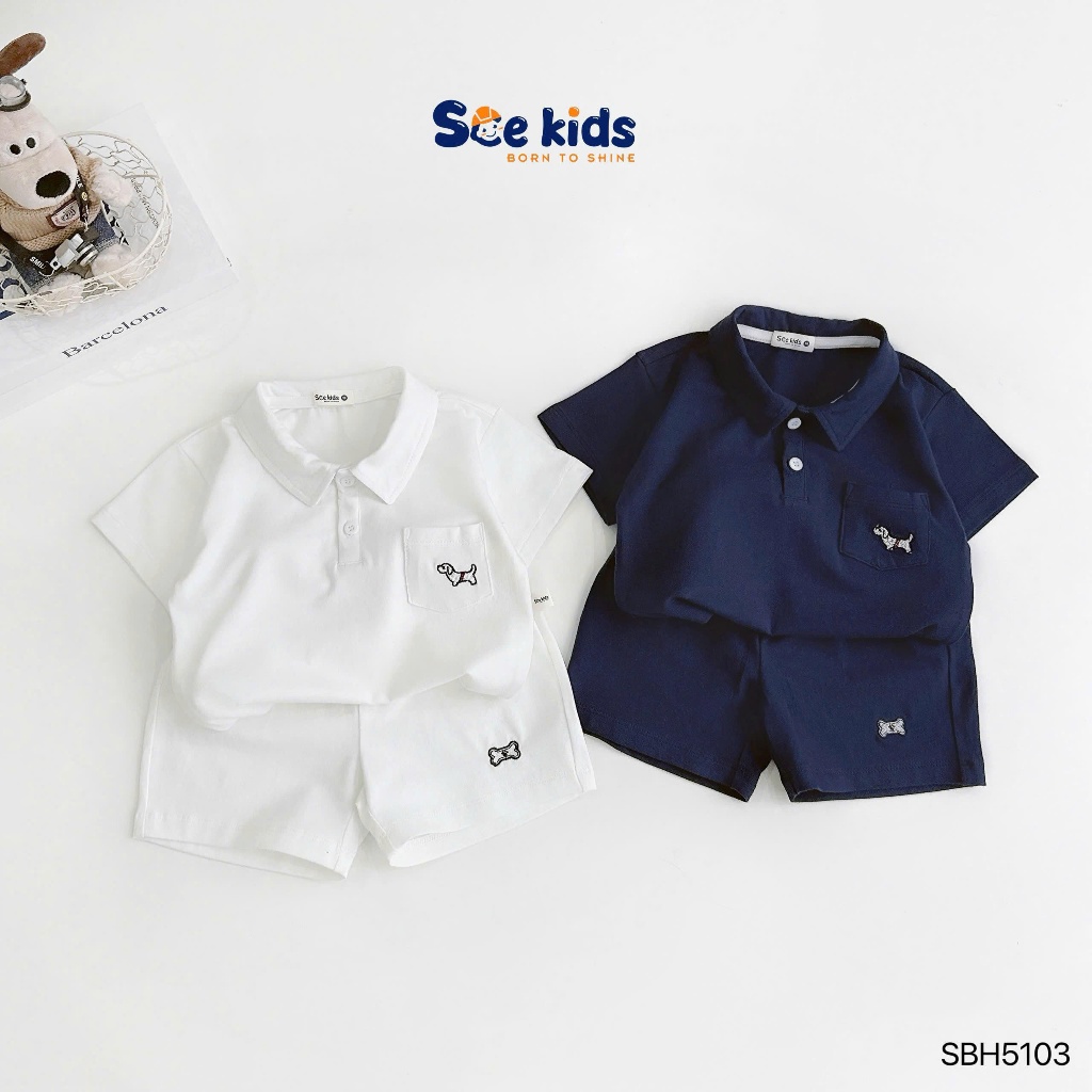 Bộ polo túi ngực thêu chú chó bé trai, bộ thun cổ đức mềm mát cho bé