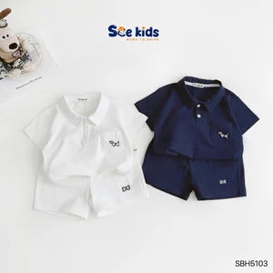 Bộ polo túi ngực thêu chú chó bé trai, bộ thun cổ đức mềm mát cho bé