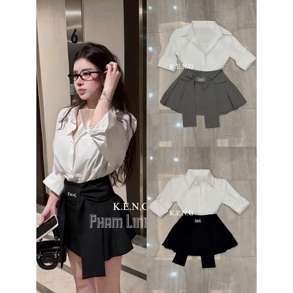 Set áo sơmi trắng chân váy xếp ly buộc nơ xinh