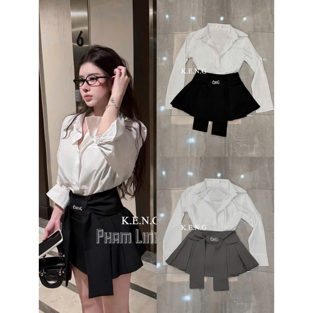 Set áo sơmi trắng chân váy xếp ly buộc nơ xinh