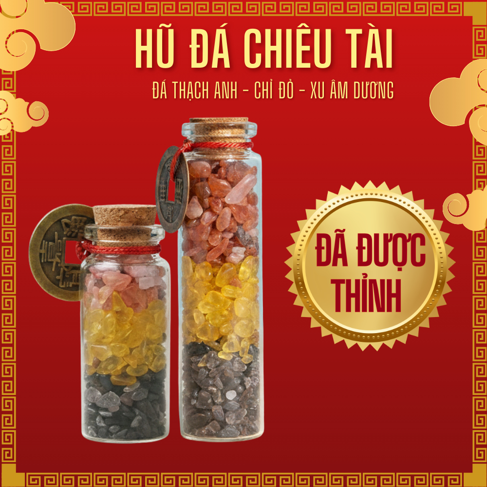 Hũ đá phong thủy, đá năng lượng phong thủy chiêu tài hút lộc kèm xu Âm Dương, xu Ngũ Đế.
