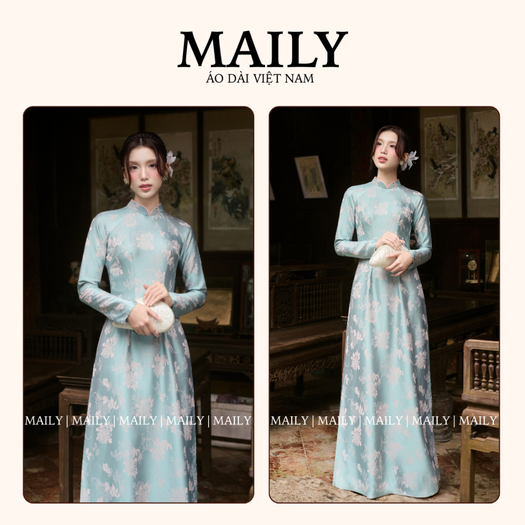 Áo Dài Truyền Thống Chất Gấm Cao Cấp, Mẫu Duyên Nhã Thiết Kế Cổ Cao Tay Dài Họa Tiết Xinh - ÁO DÀI MAILY