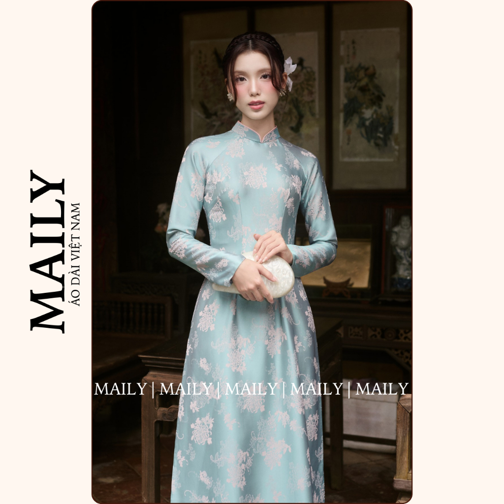 Áo Dài Truyền Thống Chất Gấm Cao Cấp, Mẫu Duyên Nhã Thiết Kế Cổ Cao Tay Dài Họa Tiết Xinh - ÁO DÀI MAILY