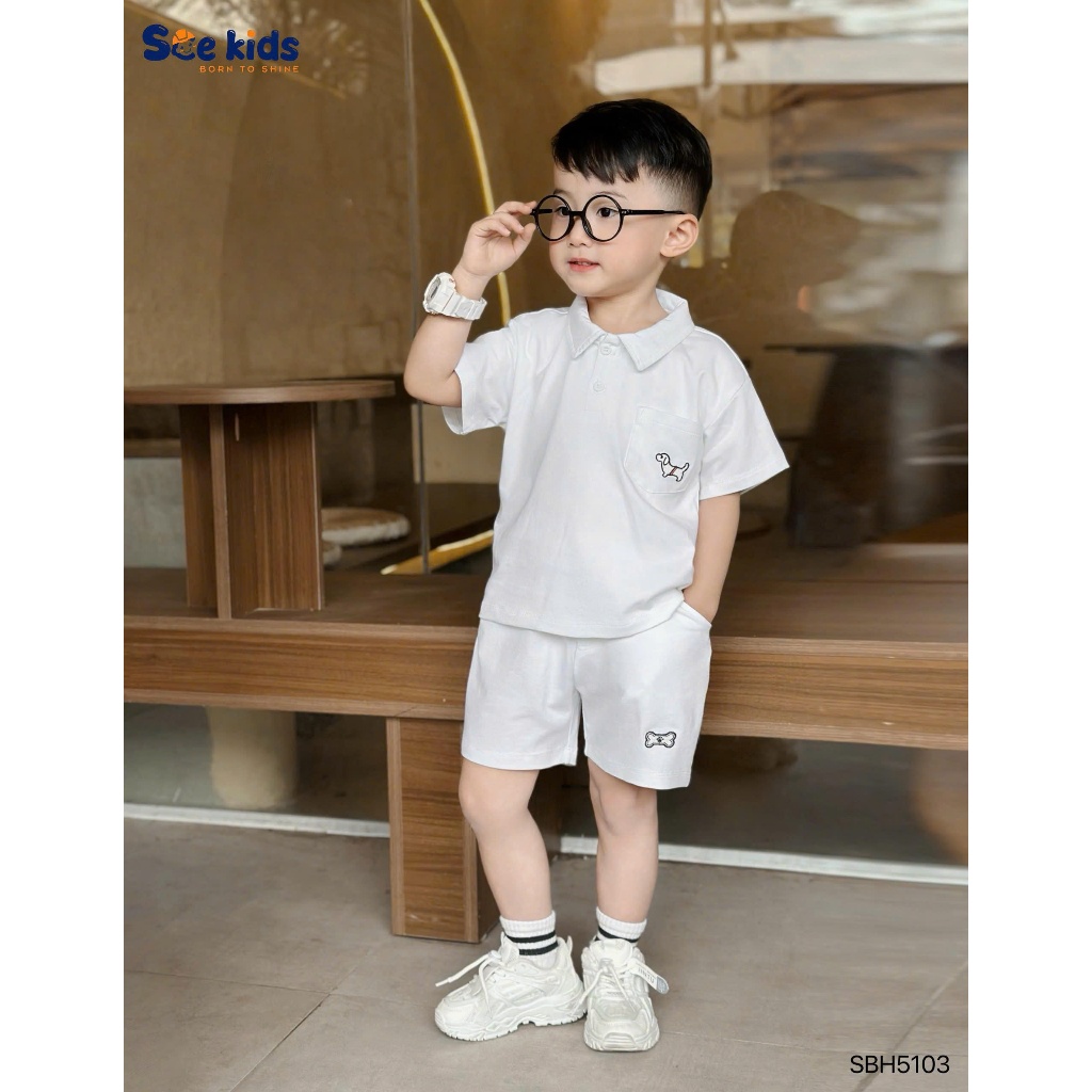 Set polo cộc tay thêu chú chó SCE chất liệu cotton 4c co giãn thấm hút mồ hôi cho bé 9-27kg