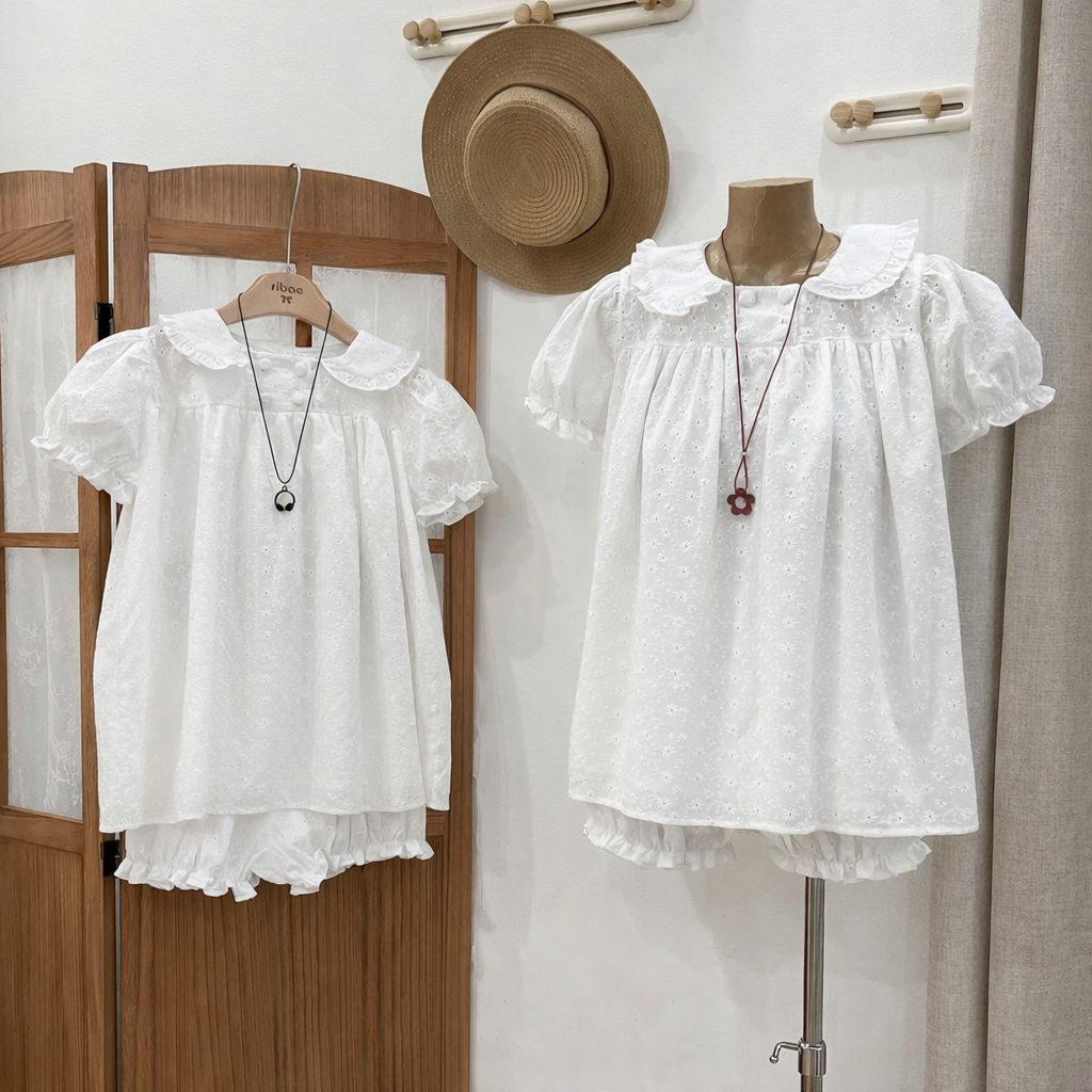 Set baybydoll tay phồng thô ren thêu hoa kèm quần bí bo chun LALA S16