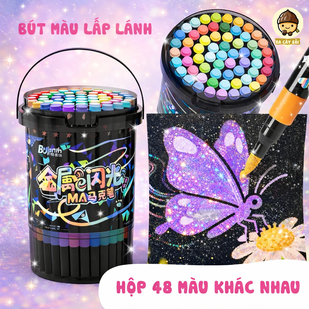 Hộp 48 bút màu nhũ lấp lánh cho bé - Bộ bút tô màu kim tuyến kèm hộp đựng, Bút vẽ lấp lánh nghệ thuật siêu xinh