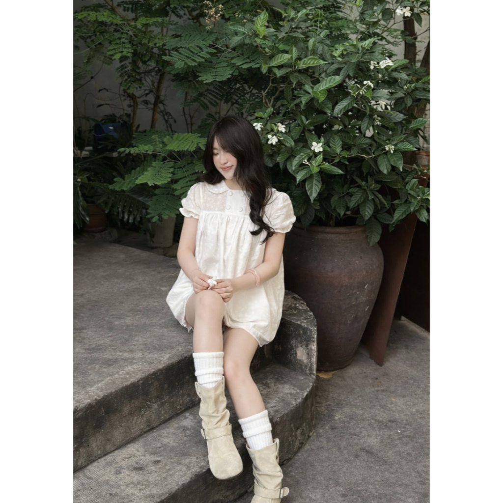 Set baybydoll tay phồng thô ren thêu hoa kèm quần bí bo chun LALA S16