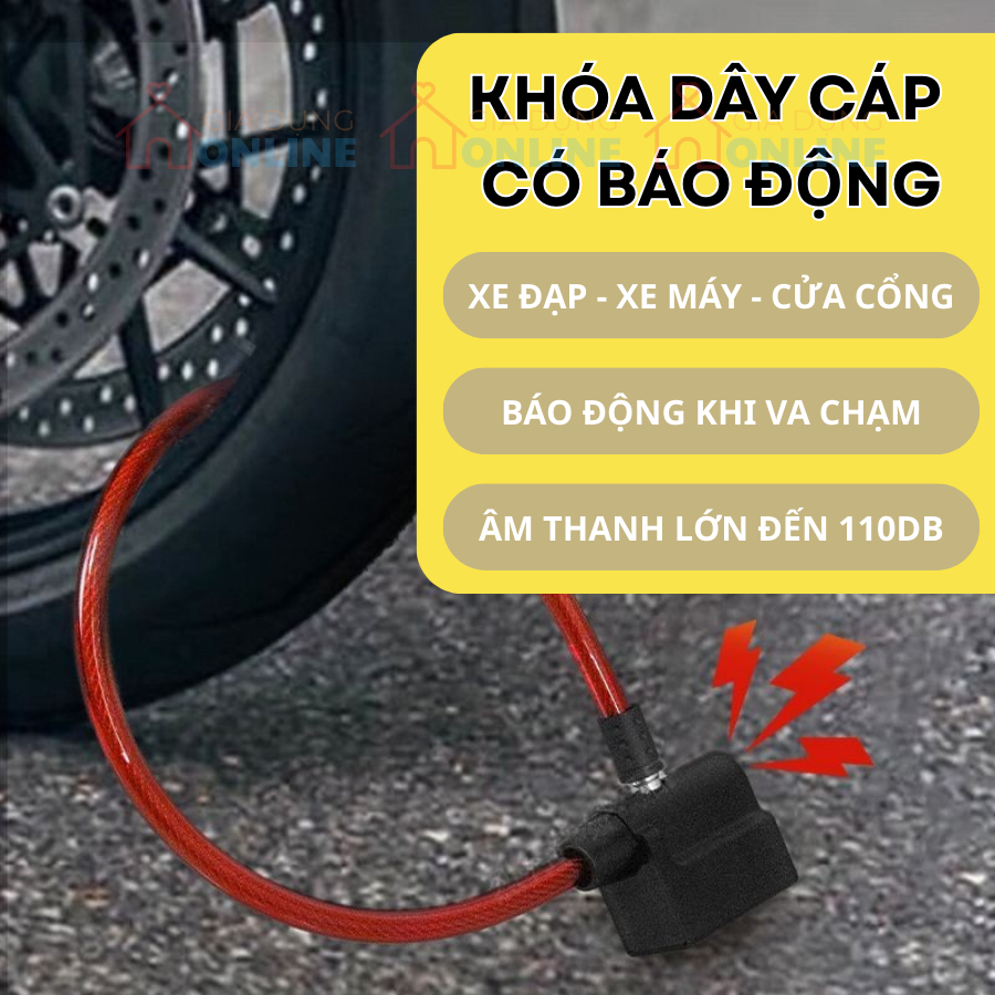 Khóa dây cáp thép phát âm thanh cảnh báo chống trộm, chống cắt độ nhạy cao chống nước cho xe đạp, xe máy, đồ đạc
