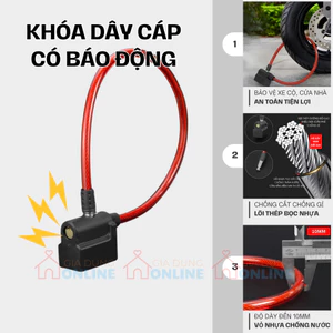Khóa dây cáp thép phát âm thanh cảnh báo chống trộm, chống cắt độ nhạy cao chống nước cho xe đạp, xe máy, đồ đạc