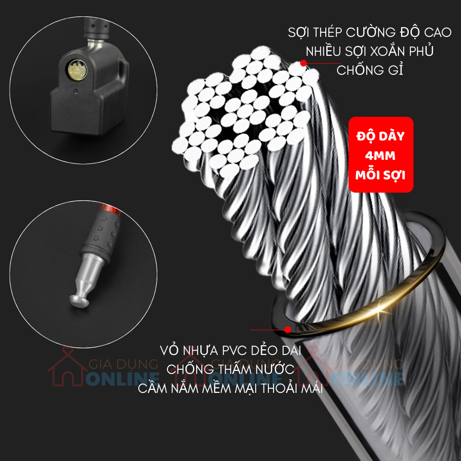 Khóa dây cáp thép phát âm thanh cảnh báo chống trộm, chống cắt độ nhạy cao chống nước cho xe đạp, xe máy, đồ đạc