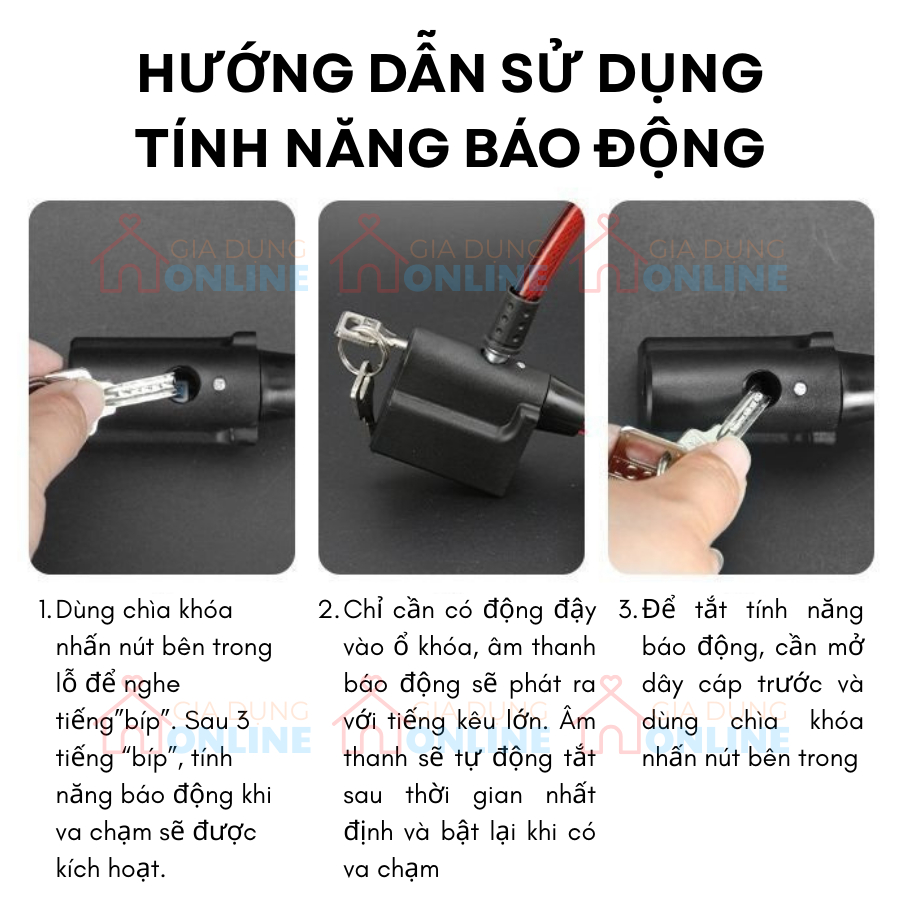 Khóa dây cáp thép phát âm thanh cảnh báo chống trộm, chống cắt độ nhạy cao chống nước cho xe đạp, xe máy, đồ đạc