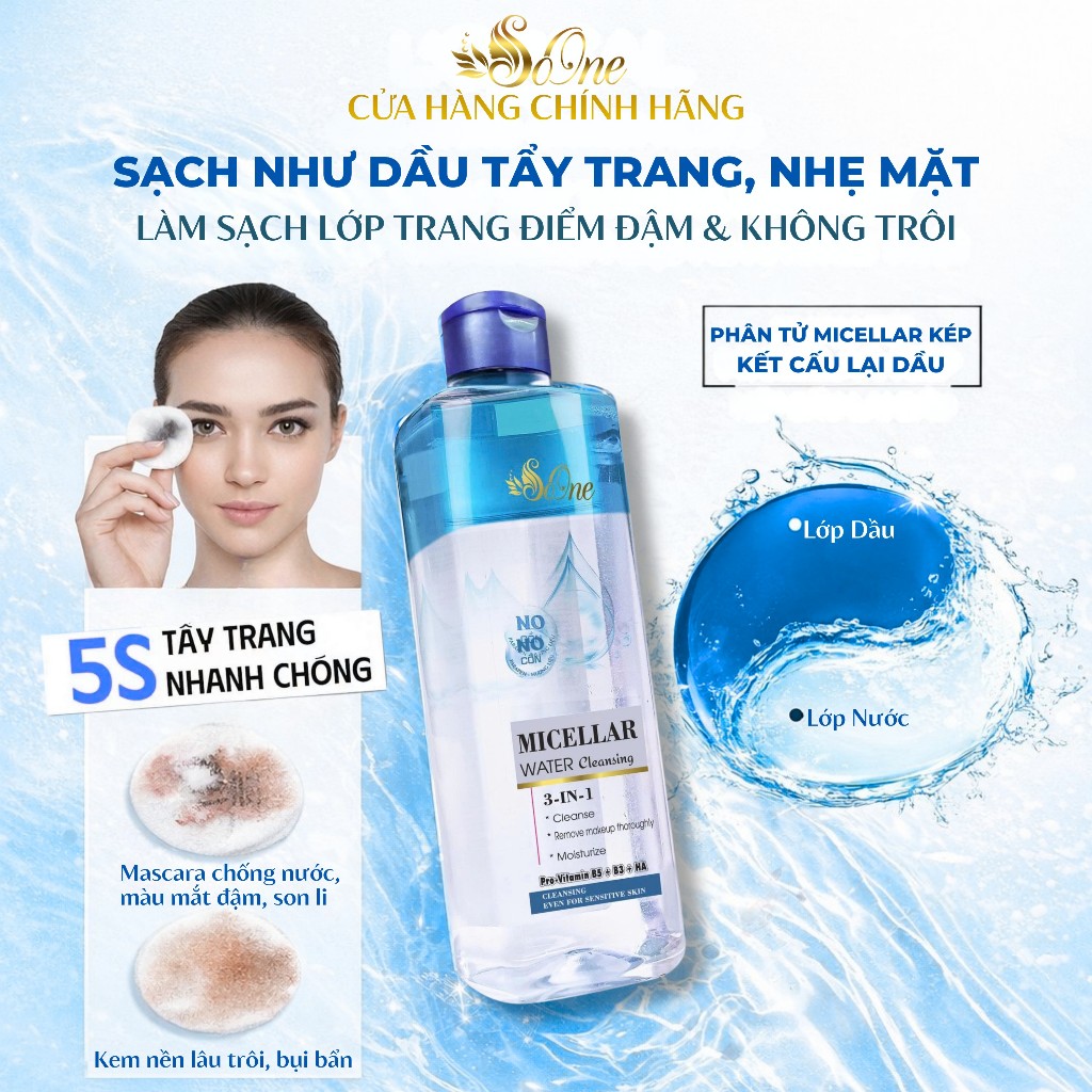 Nước Tẩy Trang SoOne Làm Sạch Sâu Cặn Trang Điểm,Không Cồn,Parapen,Hương Liệu Nắp Xanh Đậm 390ml