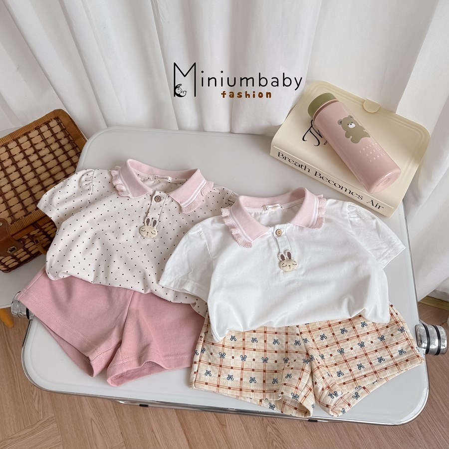Set bộ cộc tay bé gái 1-6 tuổi thiết kế cổ bèo mix hoạ tiết Miniumbaby, chất cotton mềm mát SB2646