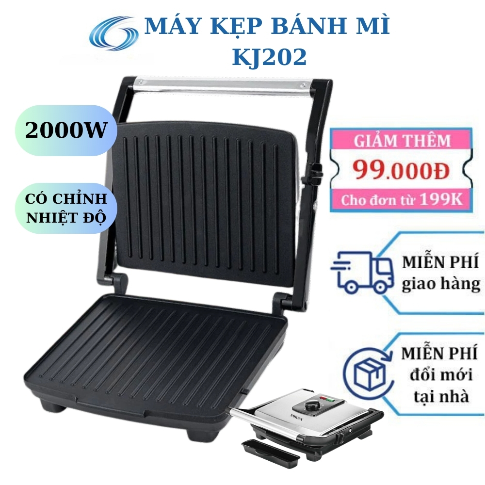 Máy kẹp nướng ép bánh mì REKKY công suất cao 2000W chống dính tốt chín đều hai mặt KJ202