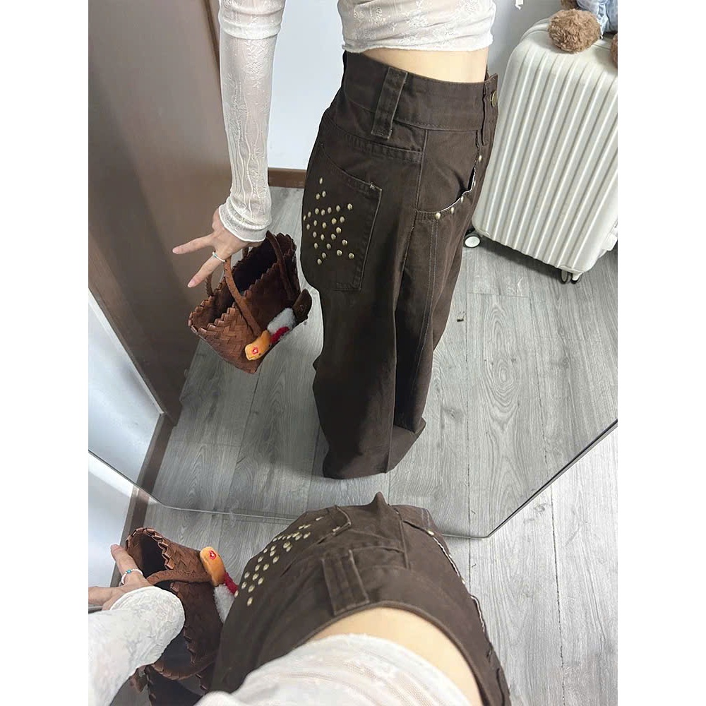 (sẵn M)Quần kaki ống rộng cạp trễ màu nâu tây đính kim loại ngôi sao chất mềm đứng form QKK014 - Tiktik