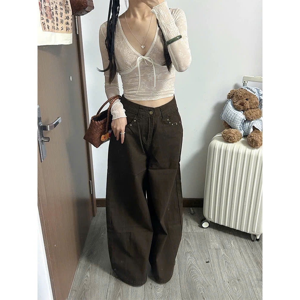 (sẵn M)Quần kaki ống rộng cạp trễ màu nâu tây đính kim loại ngôi sao chất mềm đứng form QKK014 - Tiktik