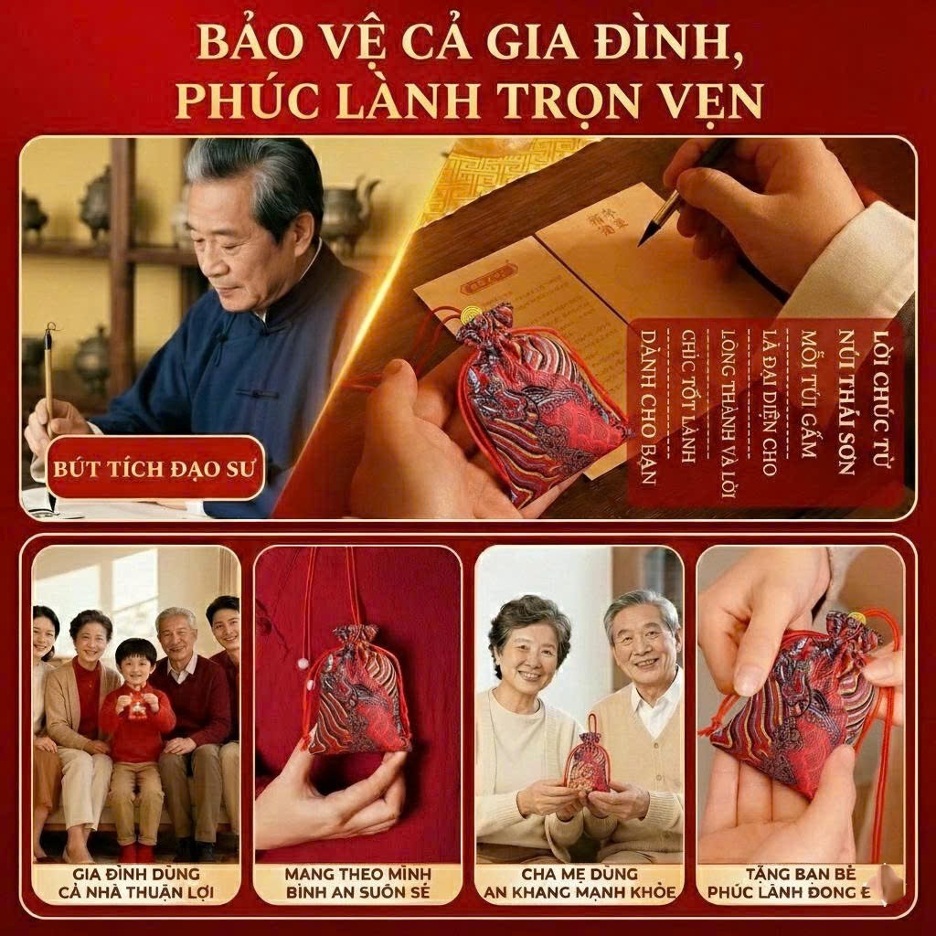 Túi gấm đỏ, túi muối hồng Himalaya phong thủy hóa giải Tam Tai Thái Tuế kèm đá thạch anh, xu Âm Dương.