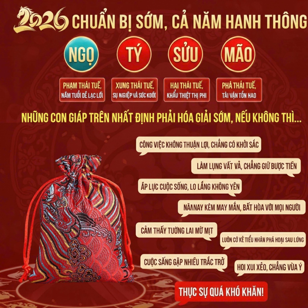Túi gấm đỏ, túi muối hồng Himalaya phong thủy hóa giải Tam Tai Thái Tuế kèm đá thạch anh, xu Âm Dương.