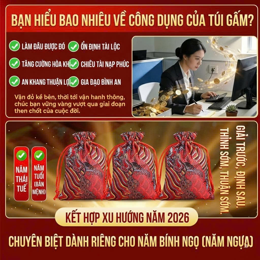Túi gấm đỏ, túi muối hồng Himalaya phong thủy hóa giải Tam Tai Thái Tuế kèm đá thạch anh, xu Âm Dương.