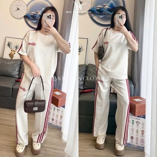 Set bộ hè phối sọc đỏ Loại 1 gồm áo thun cộc tay và quần suông rộng siêu xinh, Set đồ nữ trẻ trung cá tính