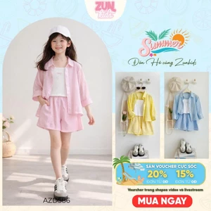 Set Bộ Bé Gái 3 Món AZB621 – Áo Sơ Mi Tơ In + Áo Dây Thêu Nơ + Quần Short Lót Mềm