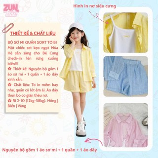 Set Bộ Bé Gái 3 Món AZB621 – Áo Sơ Mi Tơ In + Áo Dây Thêu Nơ + Quần Short Lót Mềm