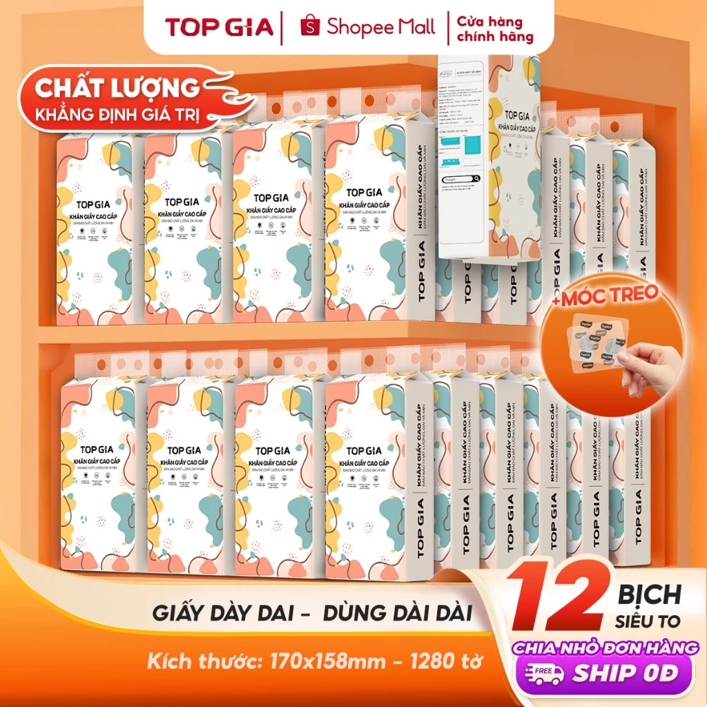 [SIÊU TO, CAO CẤP] Giấy vệ sinh treo tường TopGia thùng 10 12 8 6 bịch đa sắc, combo tiết kiệm 1280
