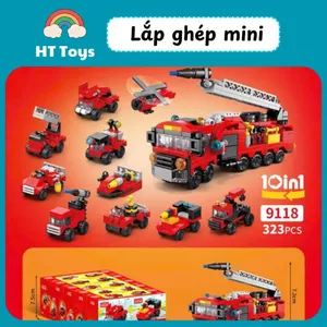 Mô hình đồ chơi lắp ráp 10in1 mini 3D các hình động vật,xe cứu hỏa,xe tăng,xe cảnh sát,tàu thủy,máy bay HT Toys